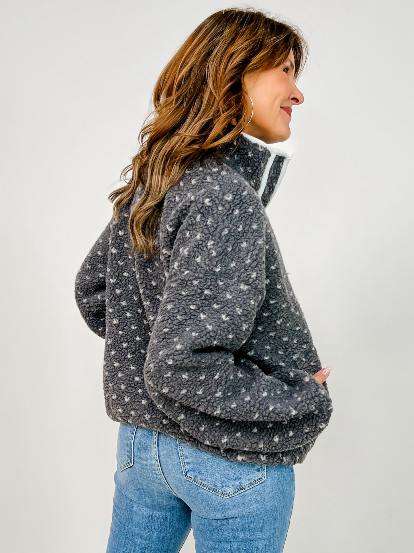 Snap Button Neckline Heart Sherpa Fleece Pullover Top