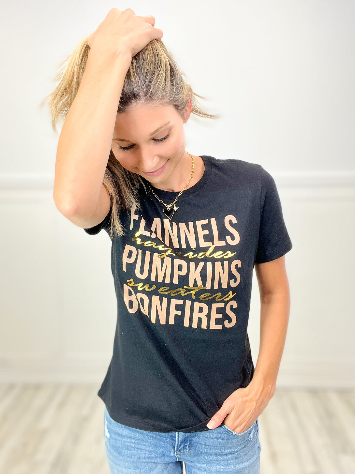 Flannels Hayrides Pumpkins Sweaters Bonfires Graphic Tee with Bling