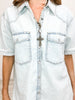 Short Sleeve Denim Vintage Wash Button Up Top