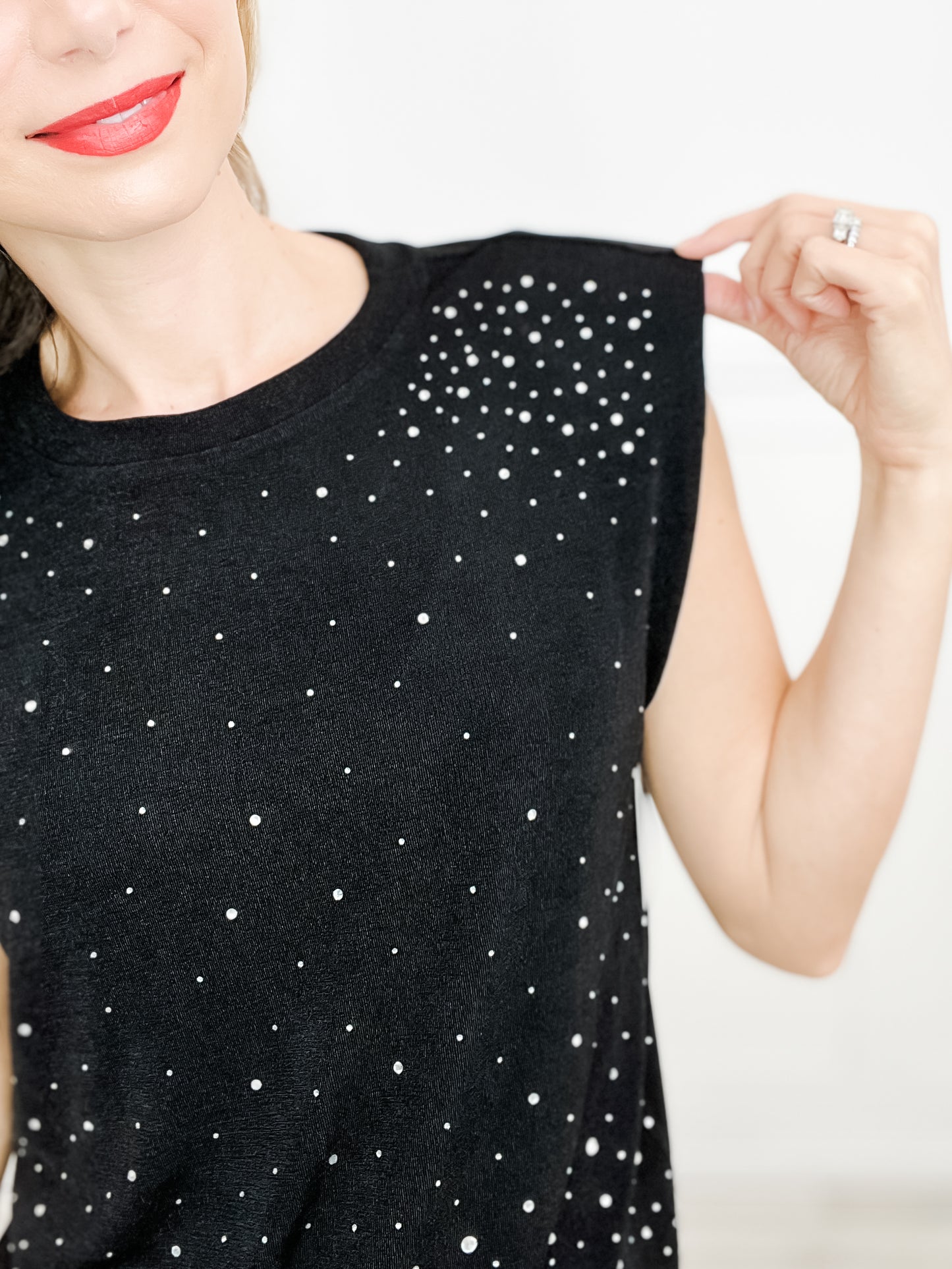 At The Drop Of A Hat Solid Rhinestones Mock Neck Short Sleeve Top