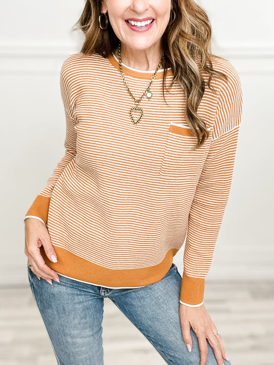 Waffle Textured Chest Pocket Crew Neck Long Sleeve Top