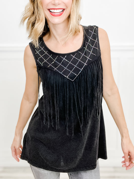 SQUARE NECK SLEEVELESS A LINE TANK WITH RHINESTONES AND FRINGE