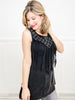 SQUARE NECK SLEEVELESS A LINE TANK WITH RHINESTONES AND FRINGE