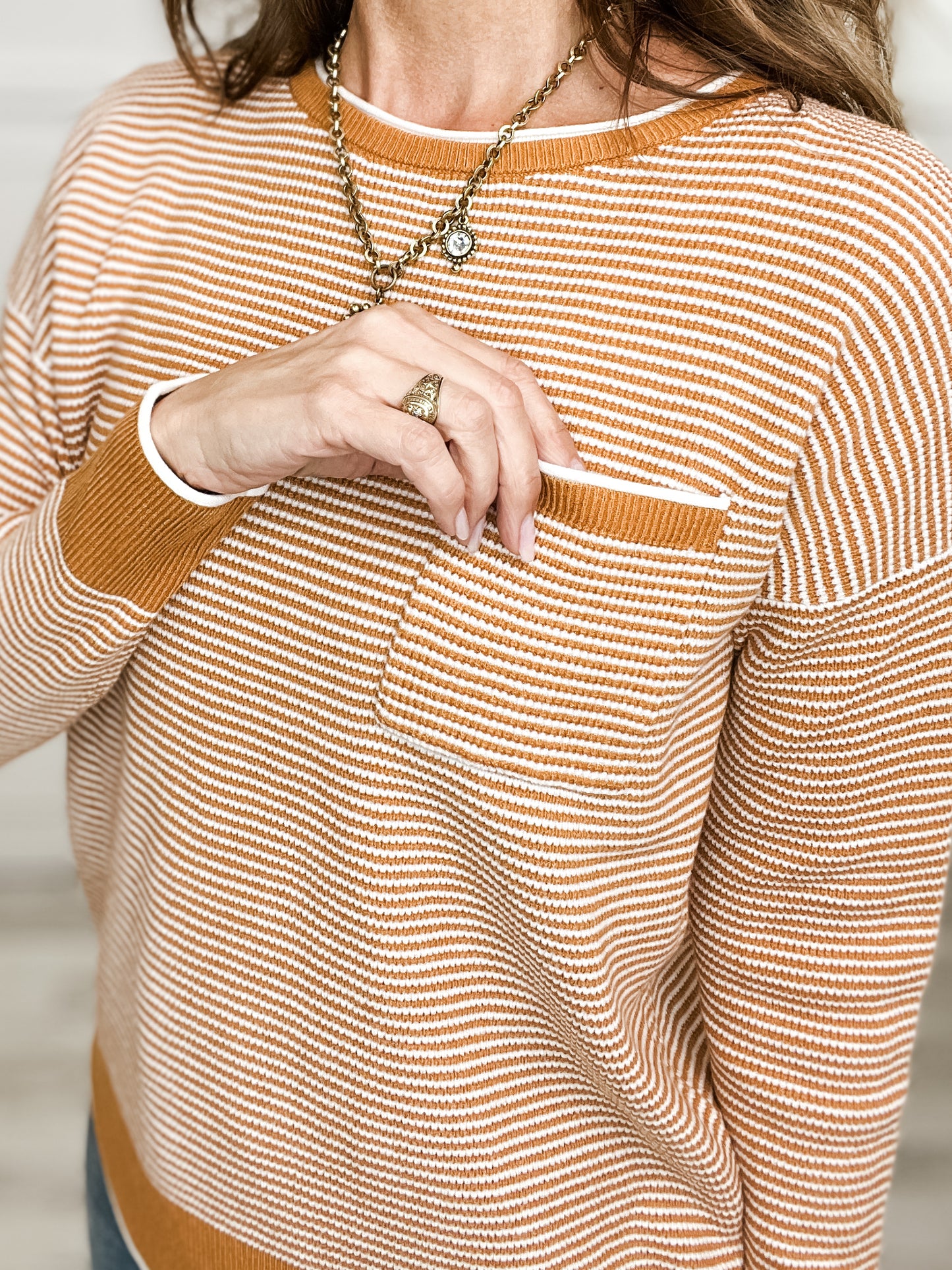 Waffle Textured Chest Pocket Crew Neck Long Sleeve Top