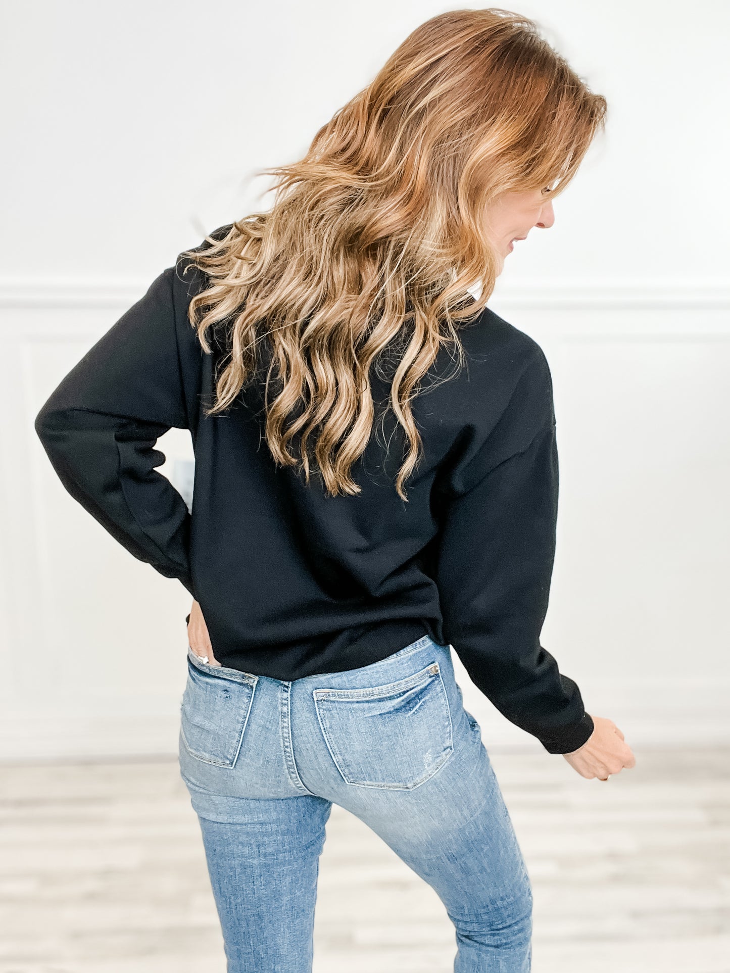 French Terry Long Sleeve Top with Embroidered Boots Stitching