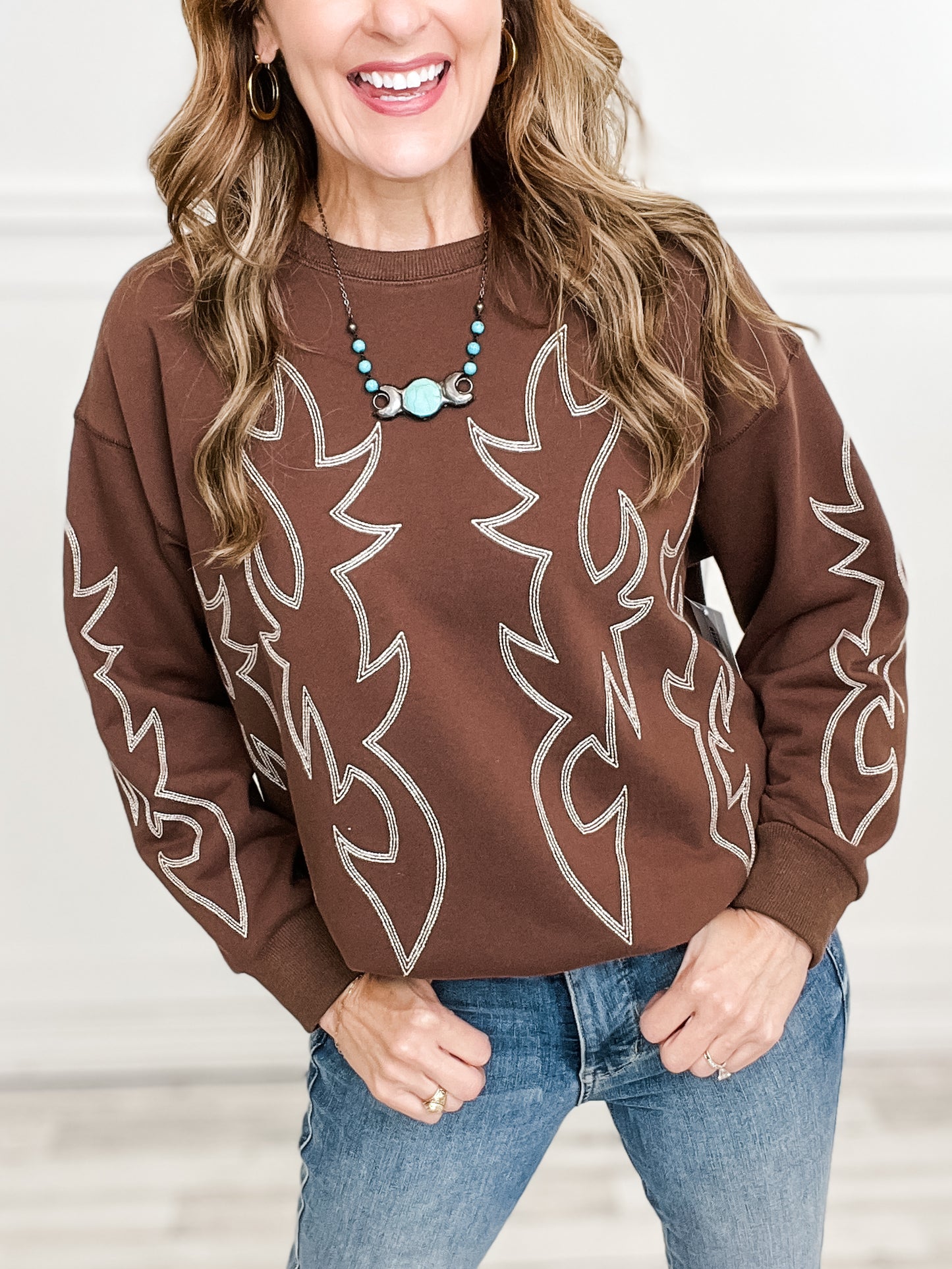 Western Boots Stitch Pullover Long Sleeve Sweatshirt