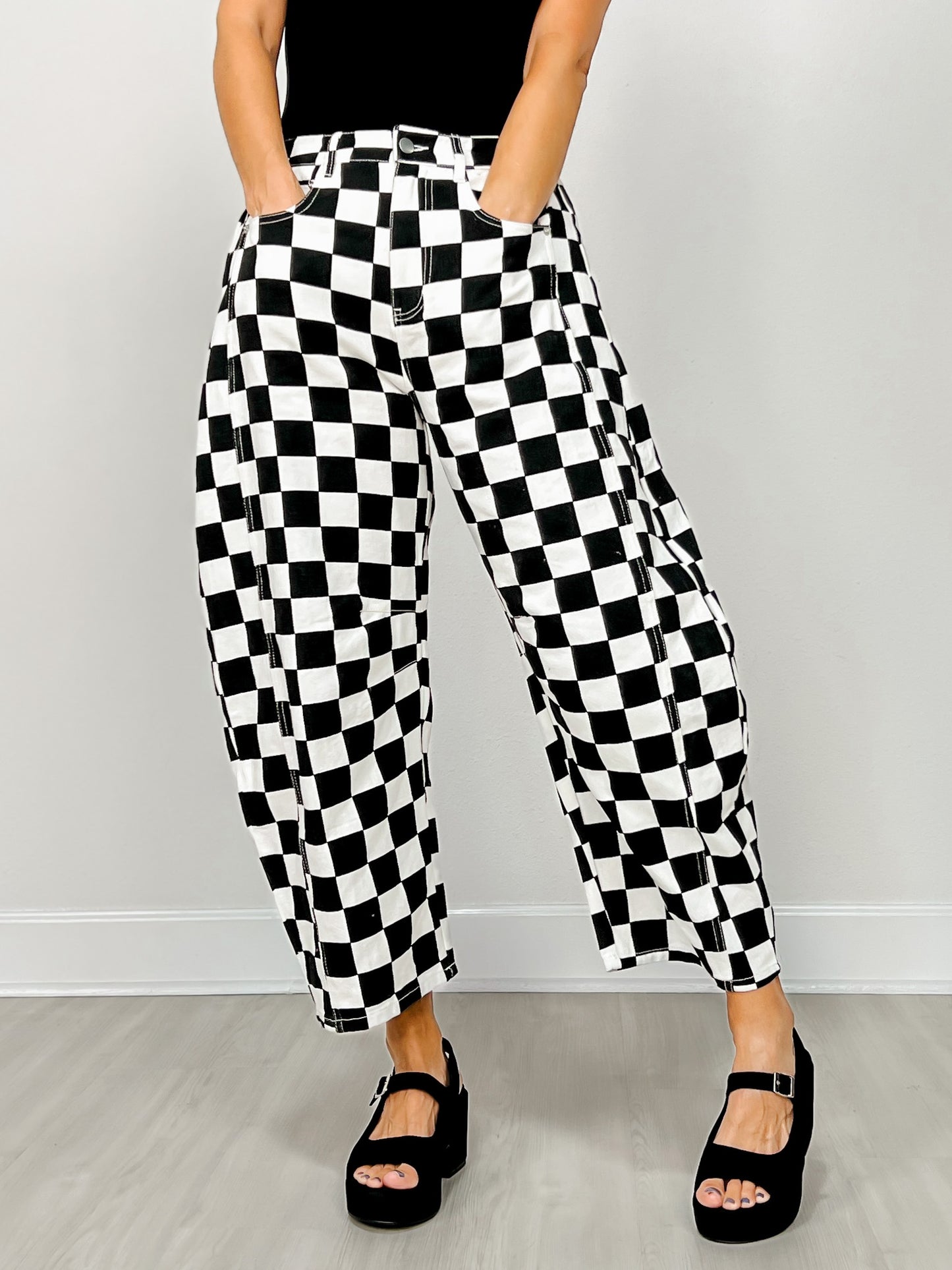 Checkered Printed Barrel Denim Pants
