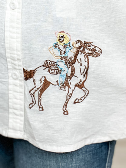 Embroidered Western Cowgirl Button Down Linen Top