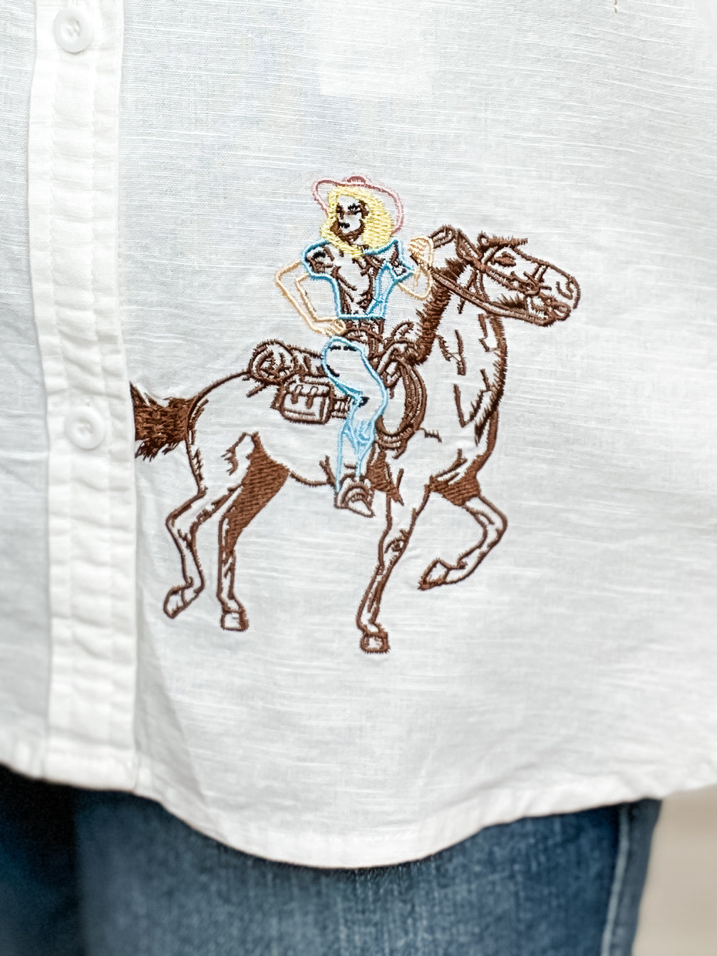 Embroidered Western Cowgirl Button Down Linen Top