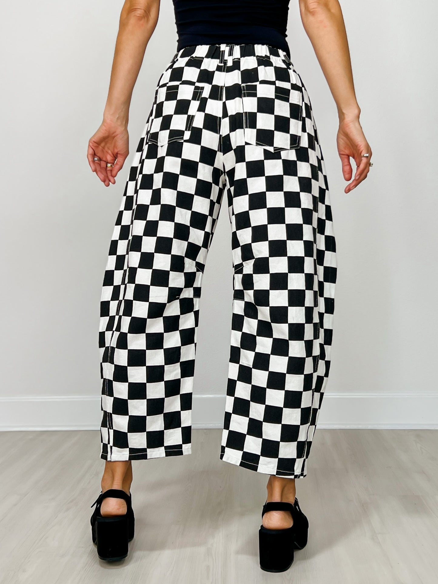 Checkered Printed Barrel Denim Pants