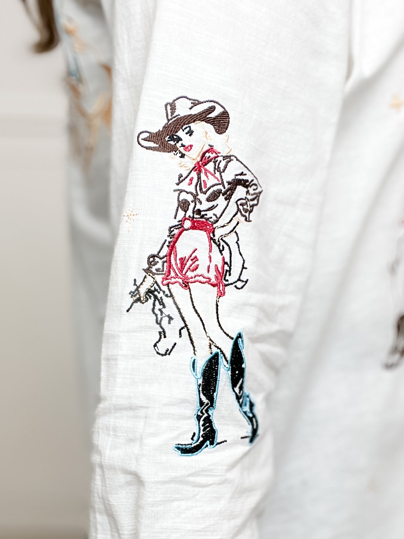 Embroidered Western Cowgirl Button Down Linen Top