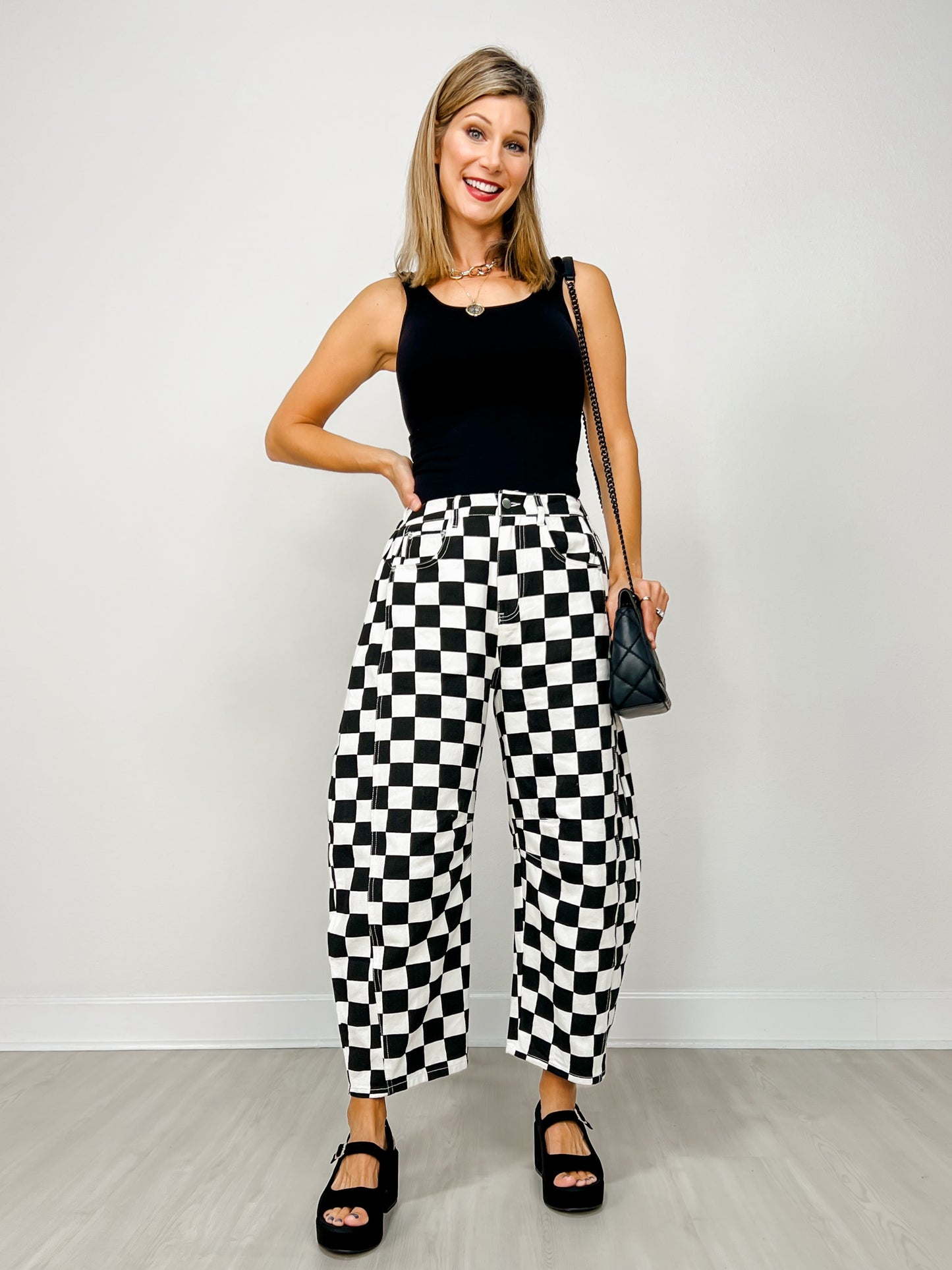 Checkered Printed Barrel Denim Pants