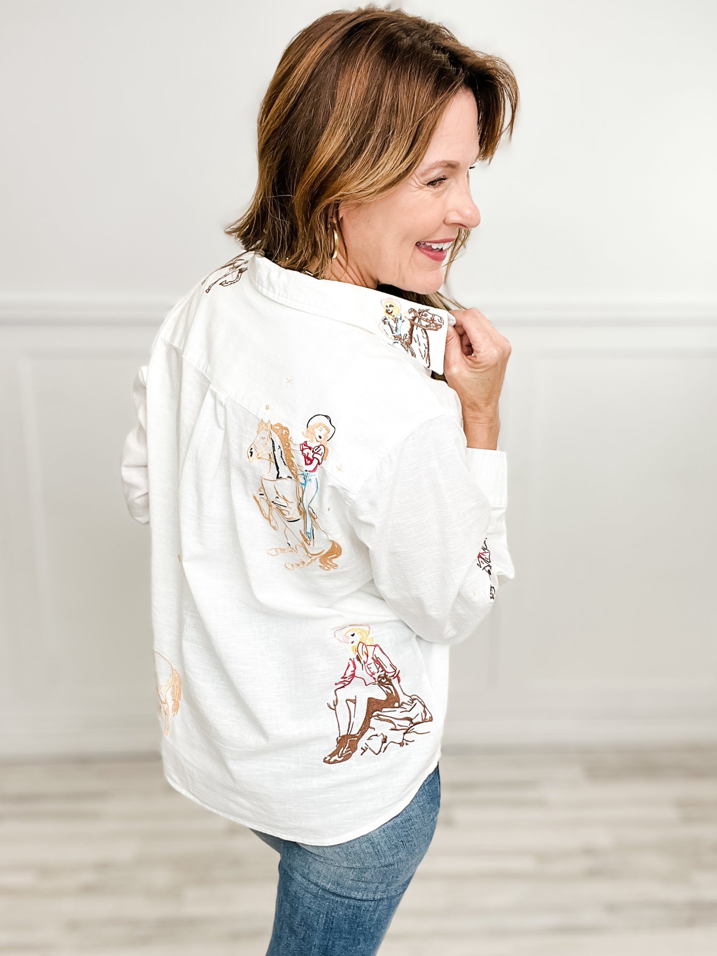 Embroidered Western Cowgirl Button Down Linen Top