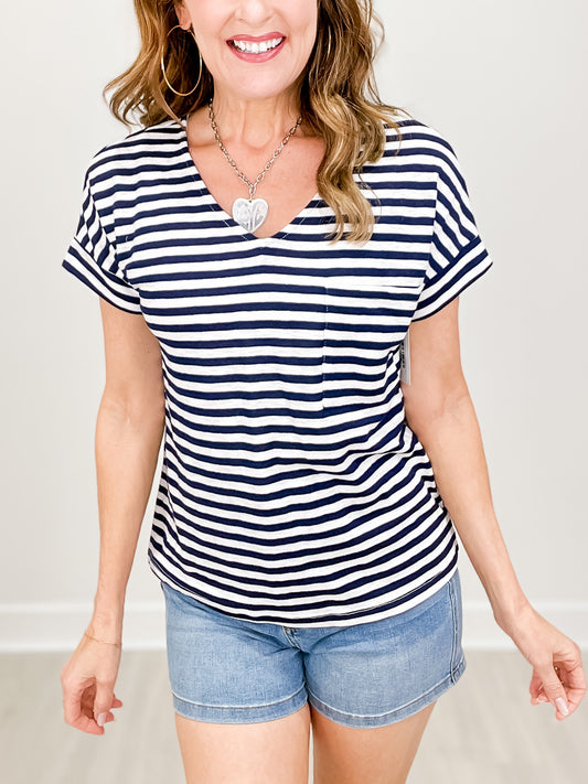 Short Sleeve Striped Slub Knit Top with Chest Pocket