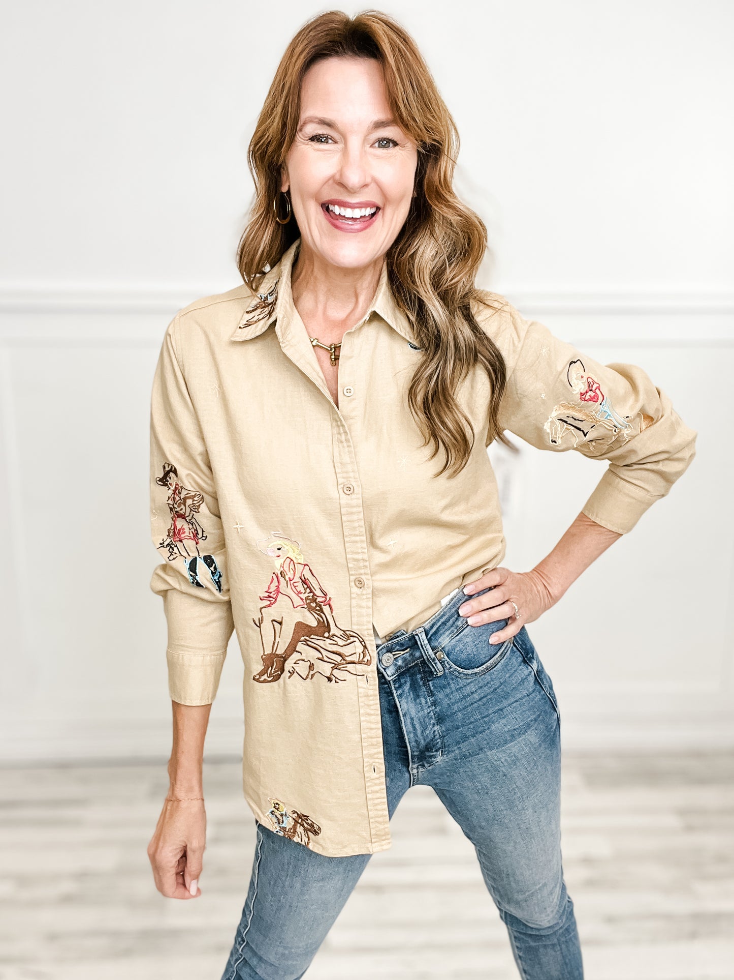 Embroidered Western Cowgirl Button Down Linen Top