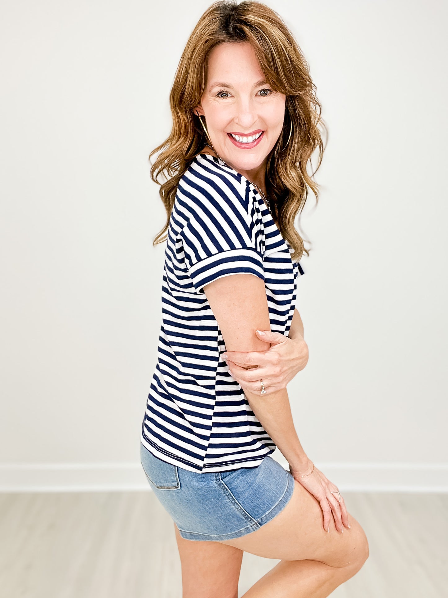 Short Sleeve Striped Slub Knit Top with Chest Pocket