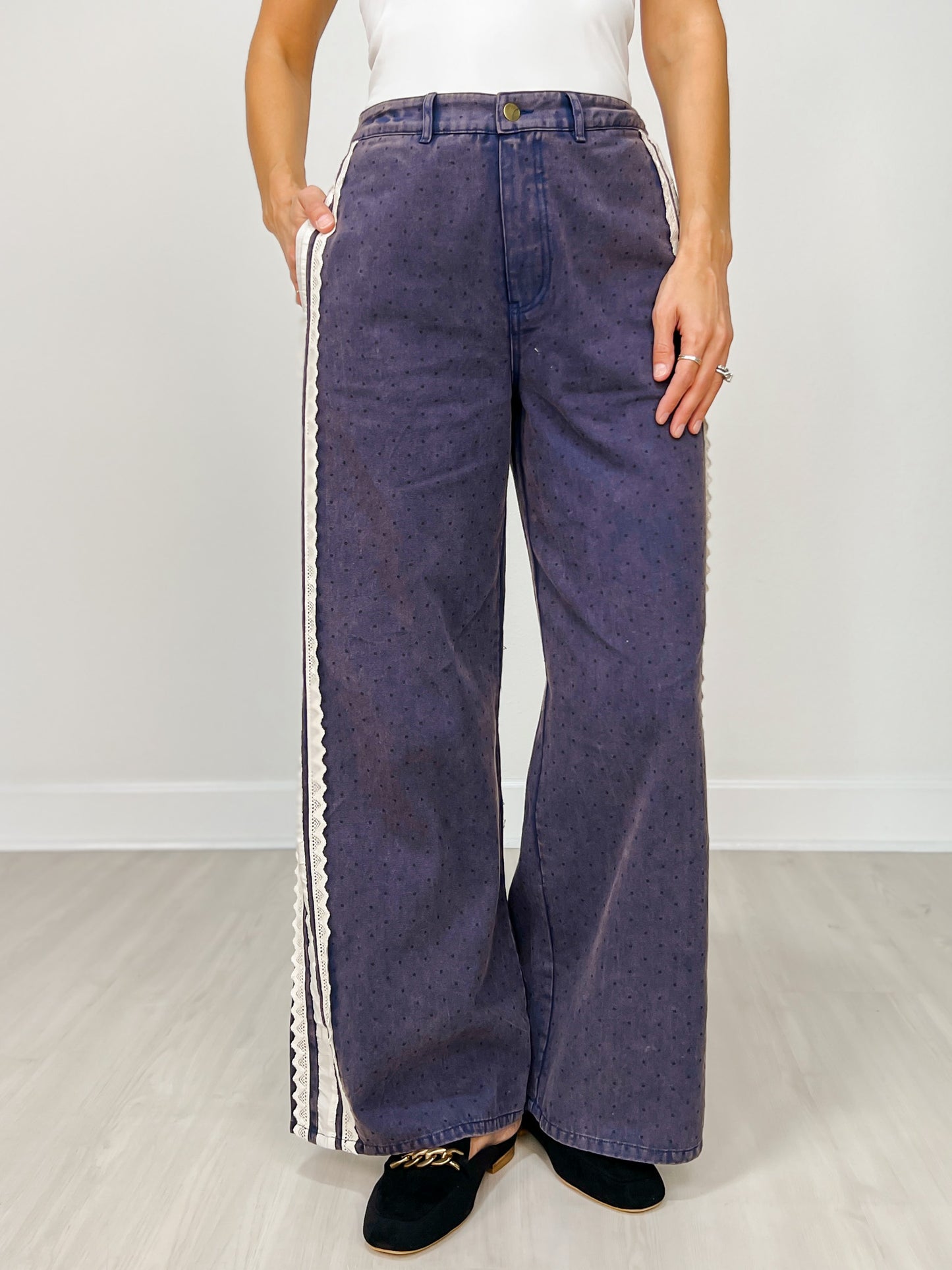 Acid Washed Polka Dot Printed Denim Pants