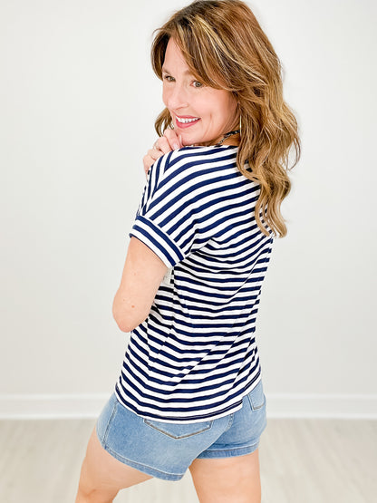 Short Sleeve Striped Slub Knit Top with Chest Pocket