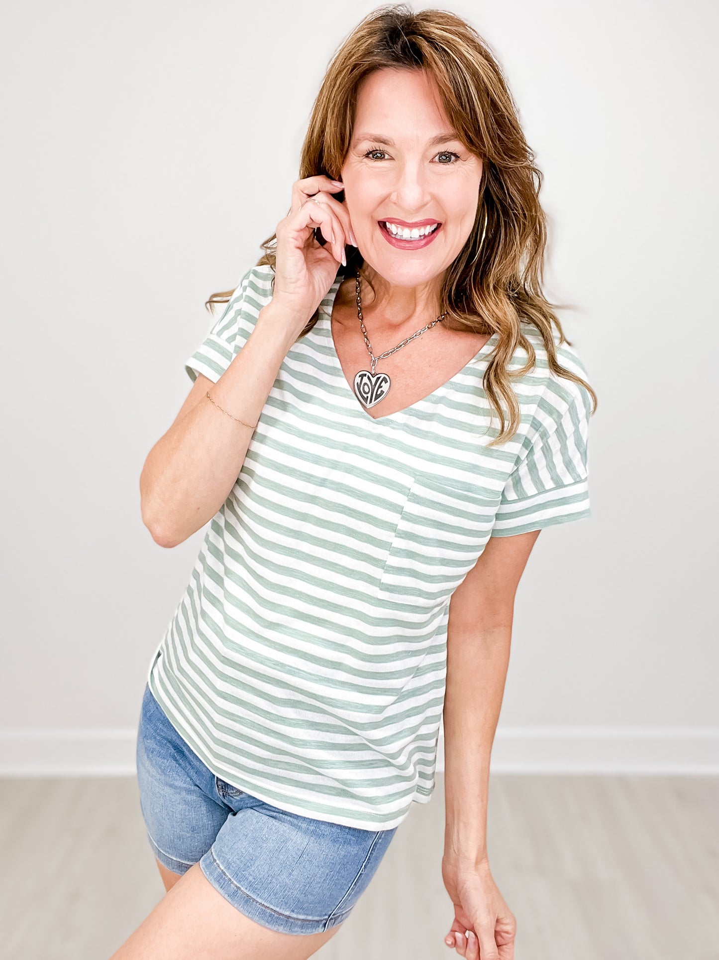 Short Sleeve Striped Slub Knit Top with Chest Pocket