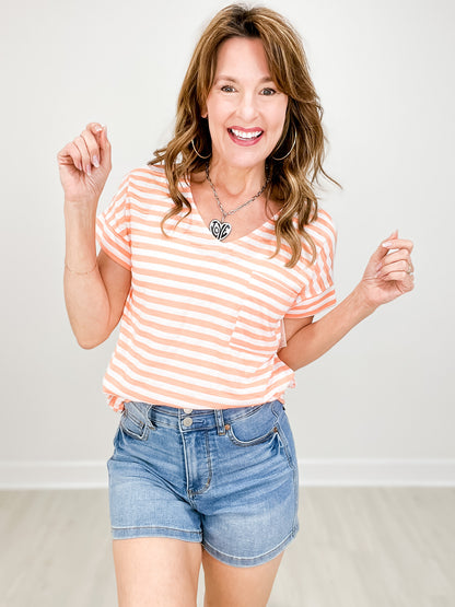 Short Sleeve Striped Slub Knit Top with Chest Pocket