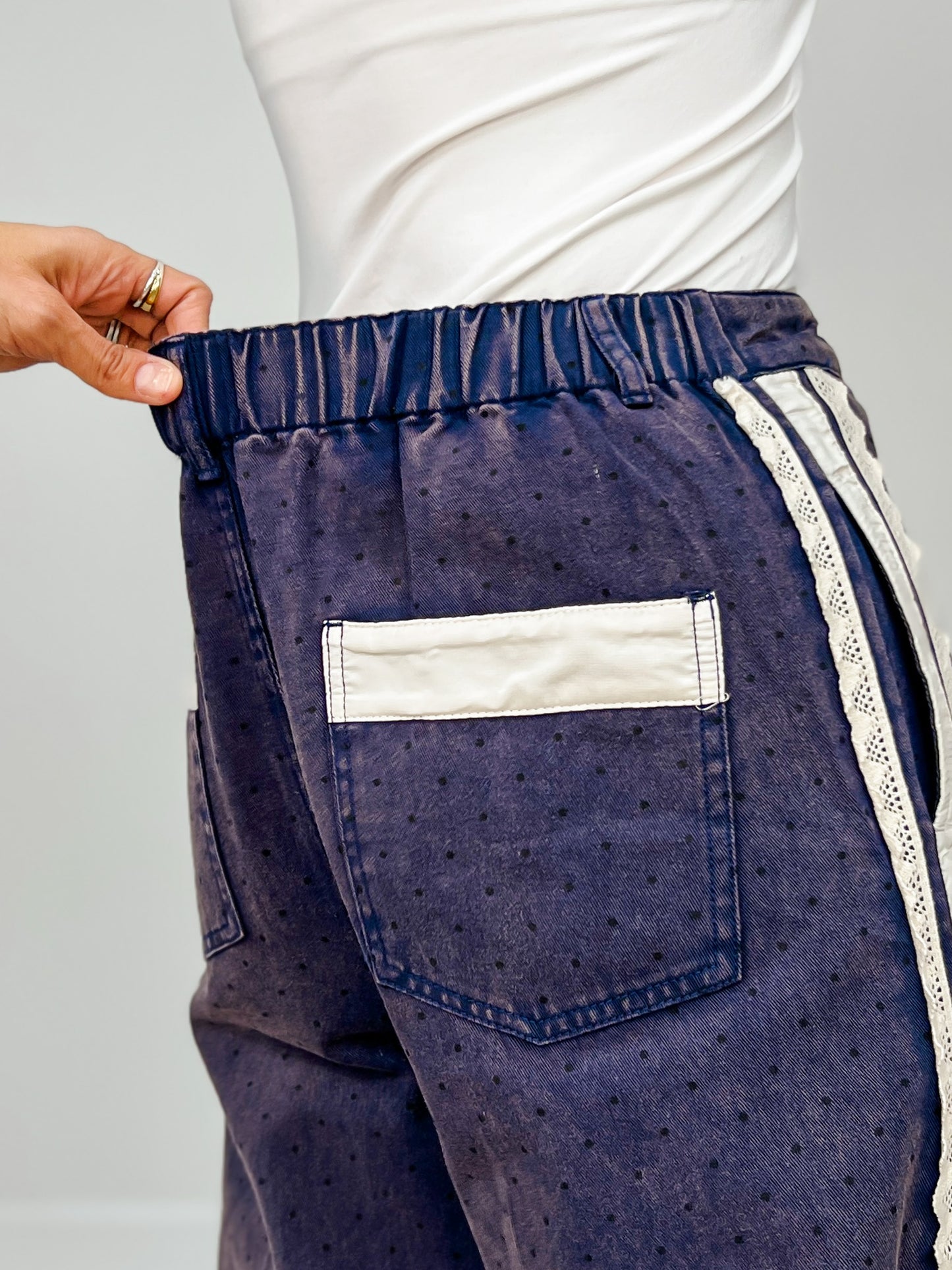 Acid Washed Polka Dot Printed Denim Pants