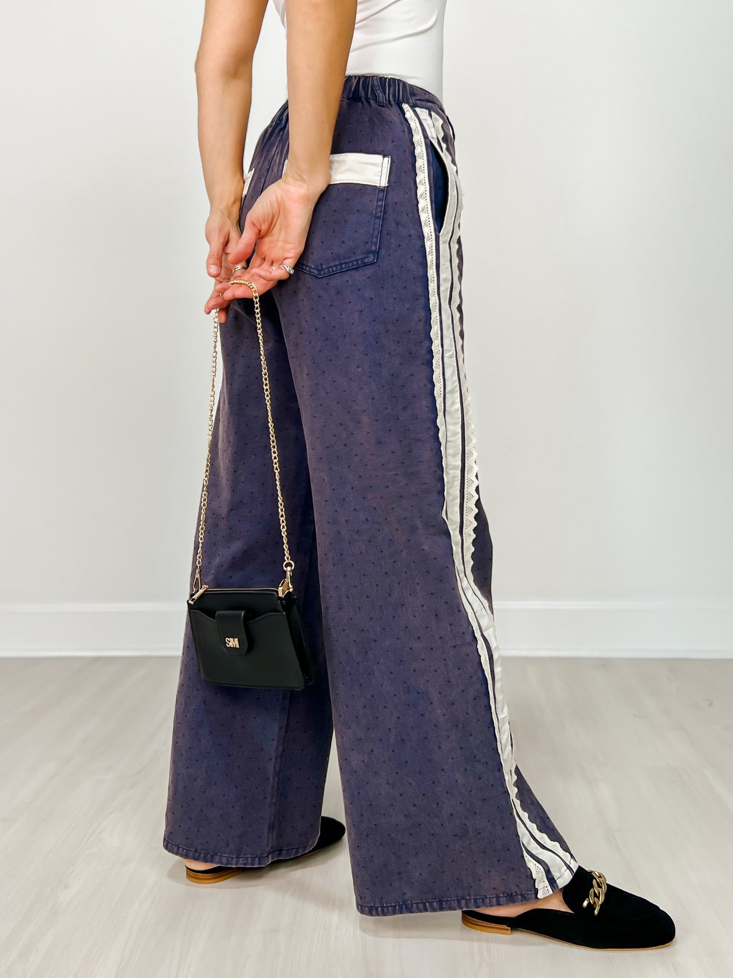 Acid Washed Polka Dot Printed Denim Pants