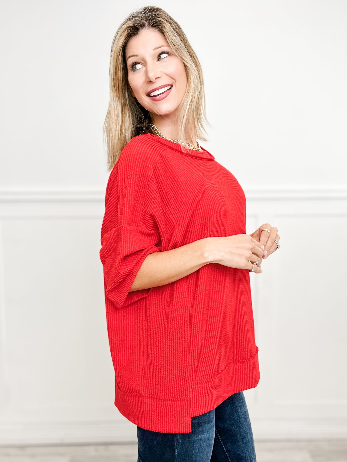 Half Sleeve Round Neck Knit Top with Curly Rib Fabric-Group A