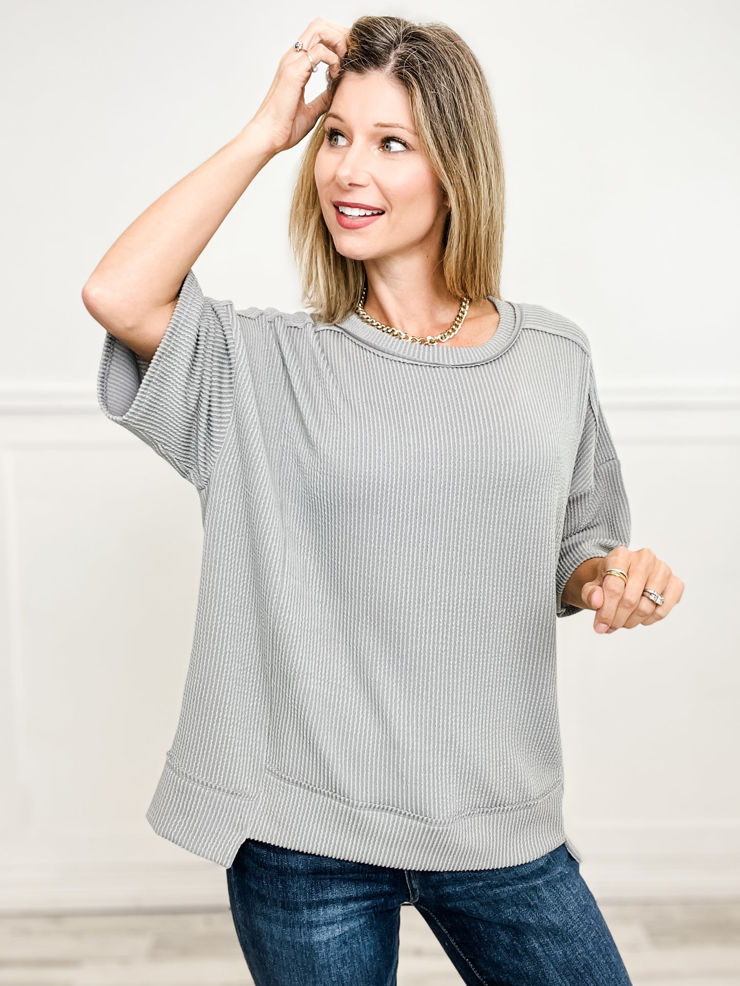 Half Sleeve Round Neck Knit Top with Curly Rib Fabric-Group A