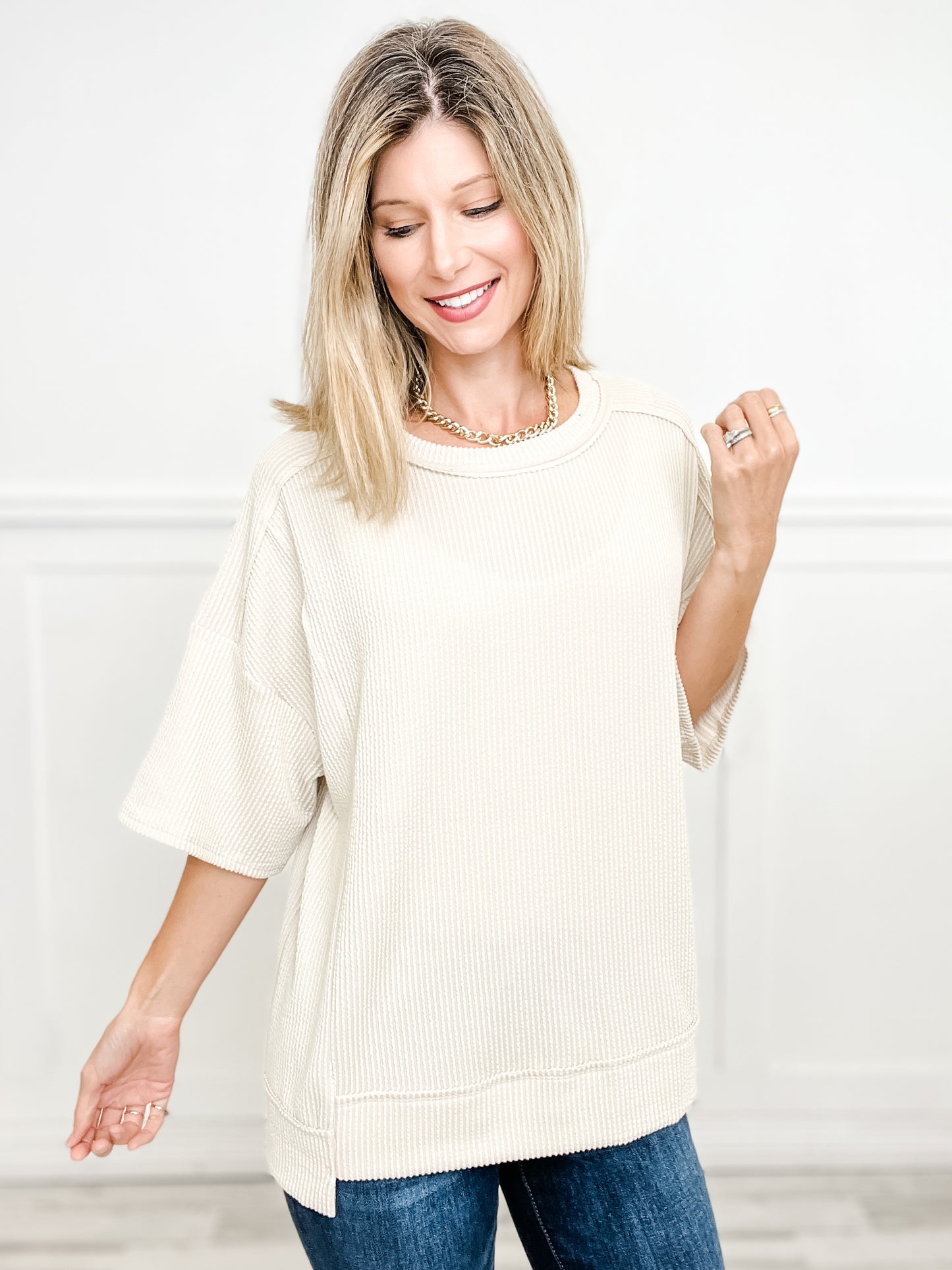 Half Sleeve Round Neck Knit Top with Curly Rib Fabric-Group A