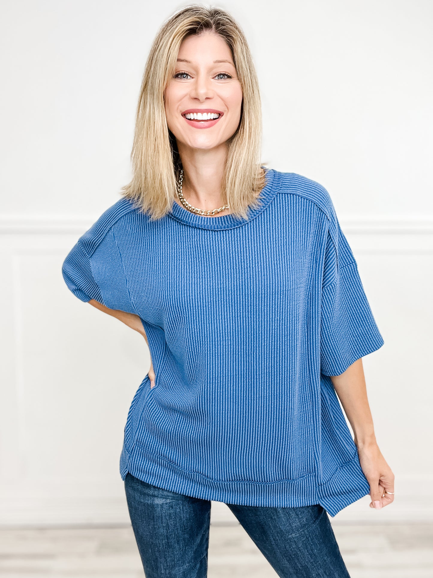 Half Sleeve Round Neck Knit Top with Curly Rib Fabric-Group A