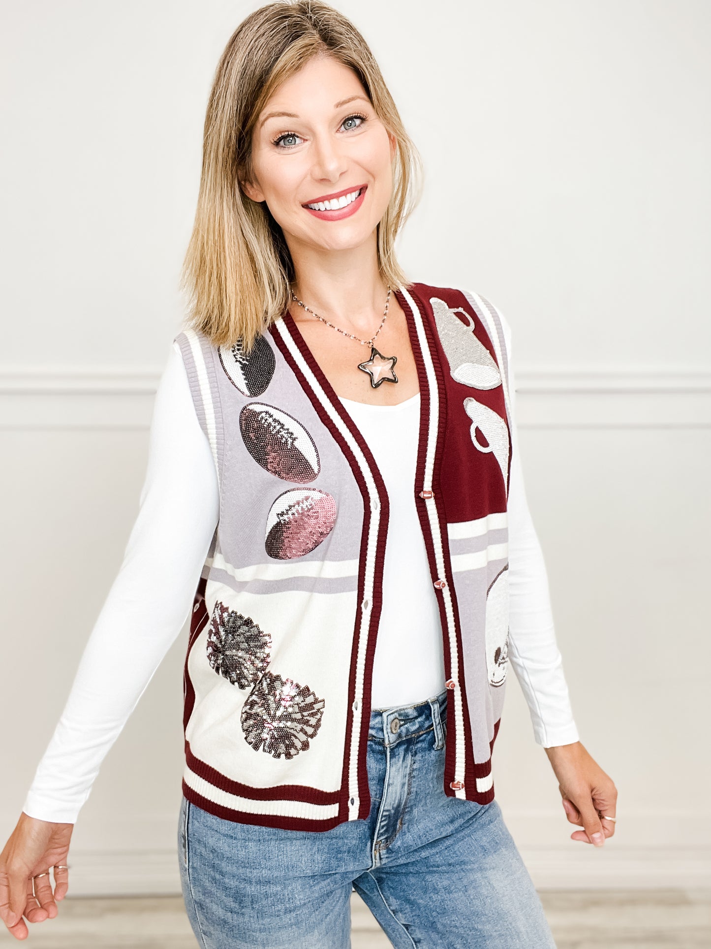 Queen of Sparkles Maroon & Grey Colorblock Football Icon Button Up Sweater Vest