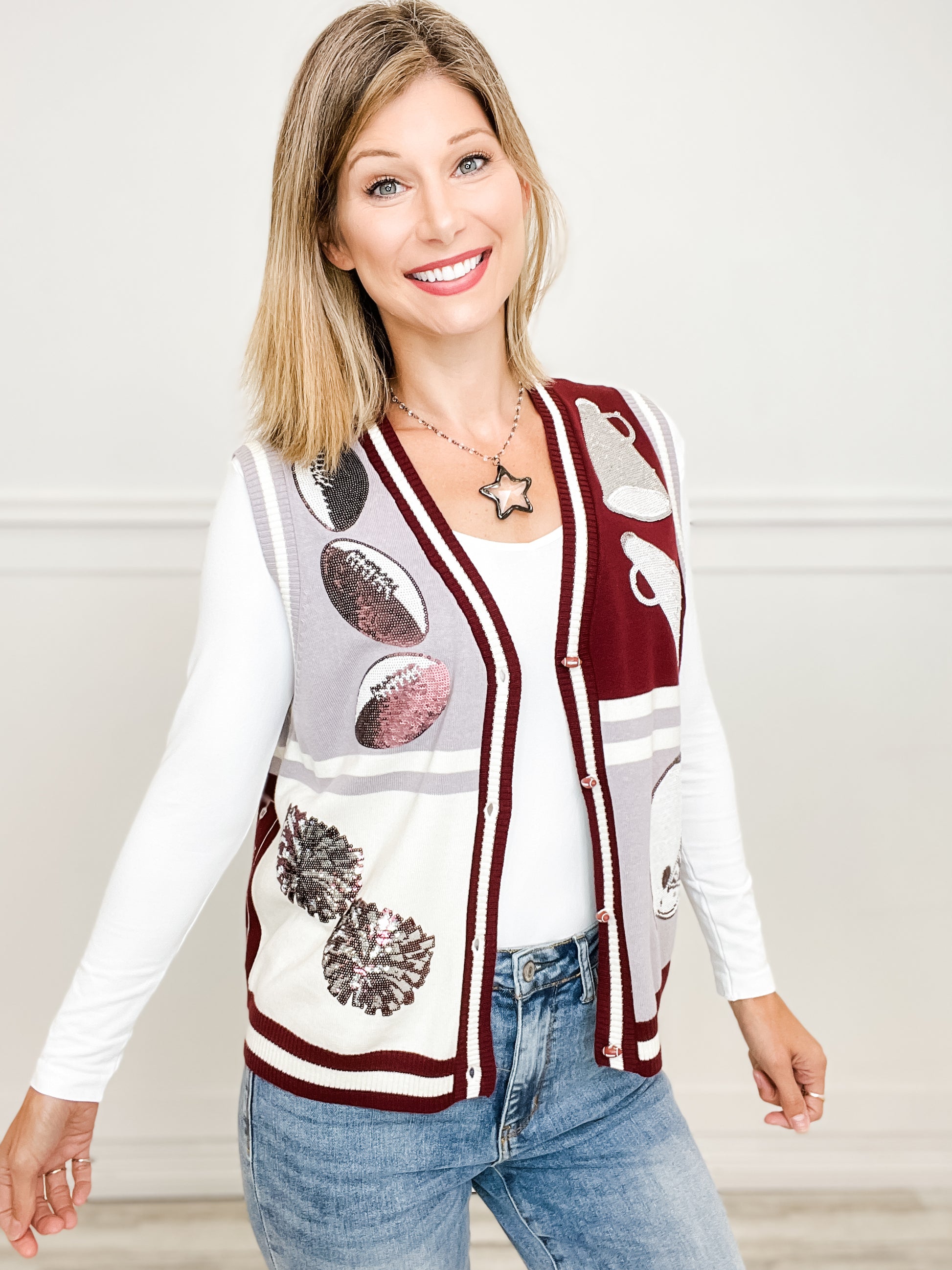 Queen of Sparkles Maroon & Grey Colorblock Football Icon Button Up Sweater Vest