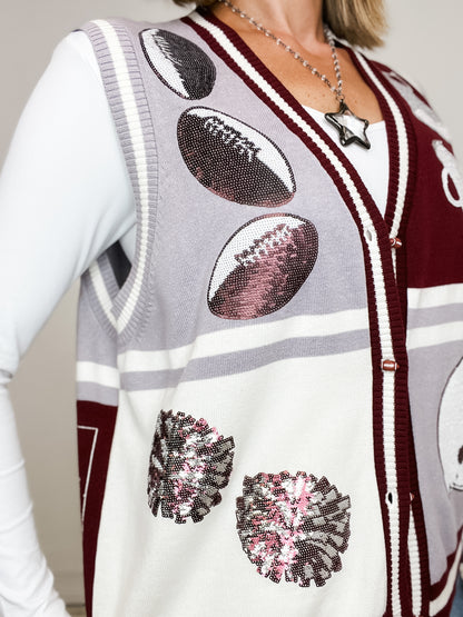 Queen of Sparkles Maroon & Grey Colorblock Football Icon Button Up Sweater Vest