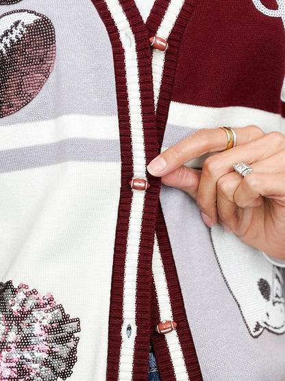 Queen of Sparkles Maroon & Grey Colorblock Football Icon Button Up Sweater Vest