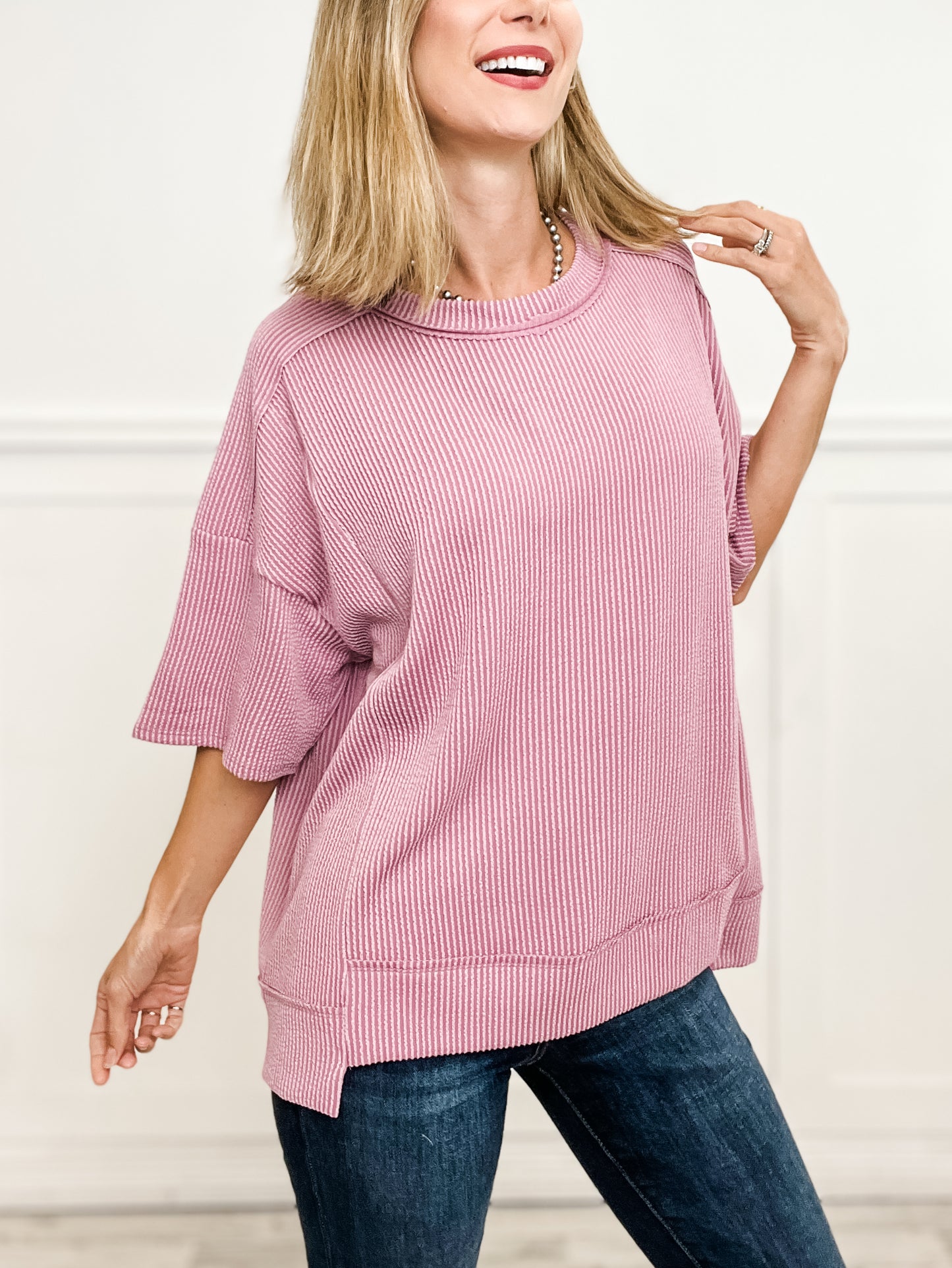 Half Sleeve Round Neck Knit Top with Curly Rib Fabric- Group B