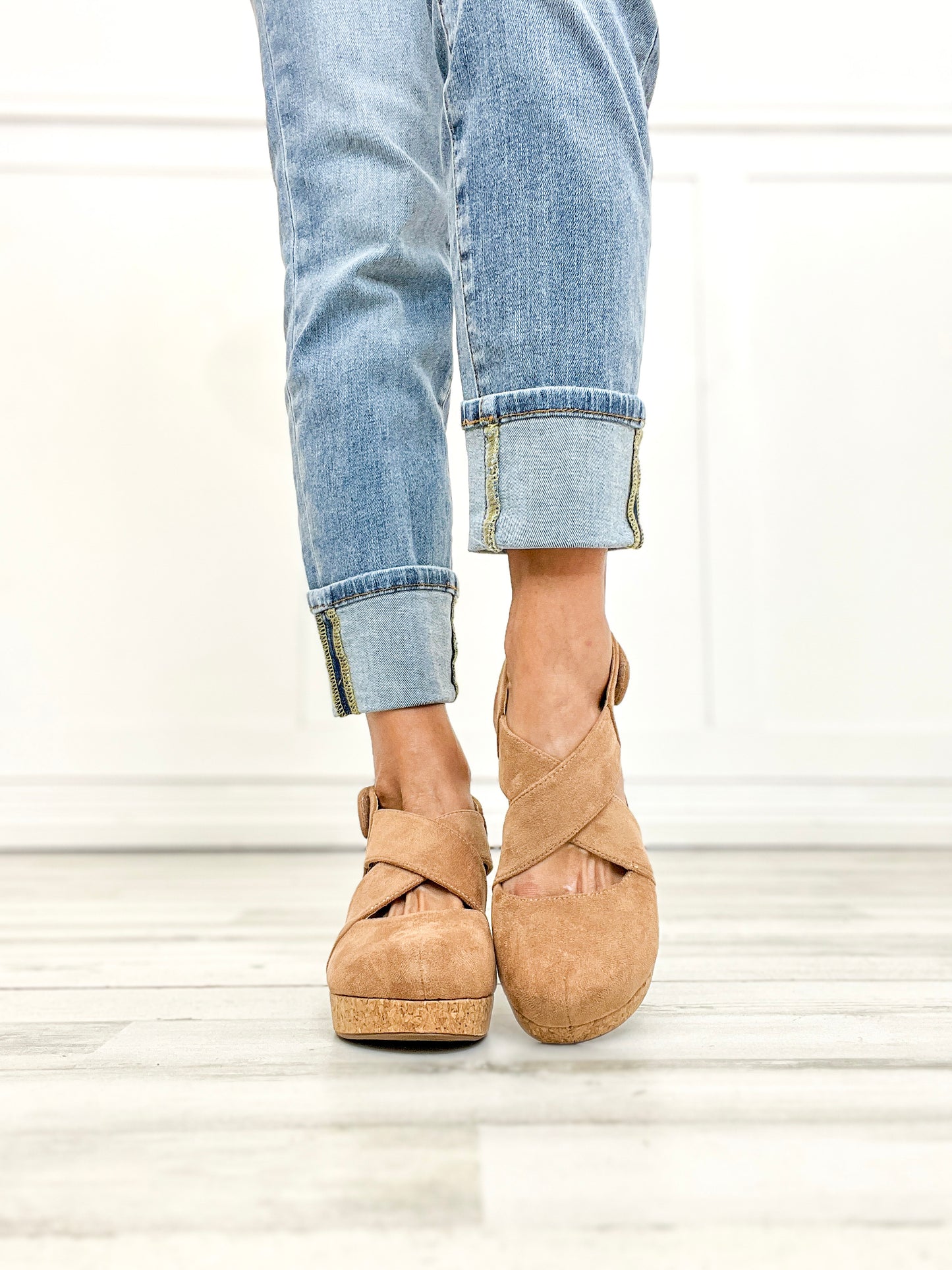 Corkys Case Closed Closed Toe Wedges in Camel Faux Suede