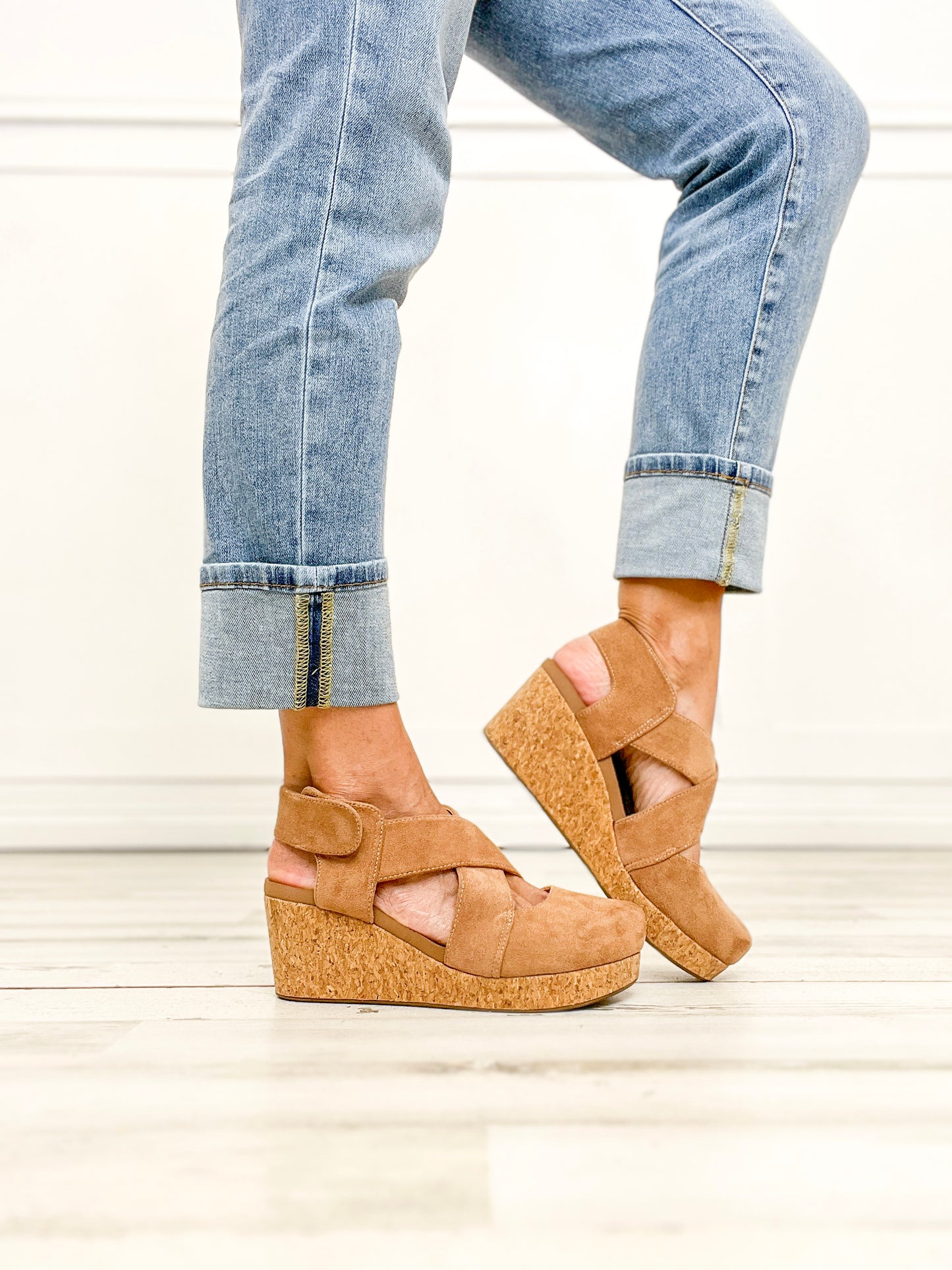 Corkys Case Closed Closed Toe Wedges in Camel Faux Suede