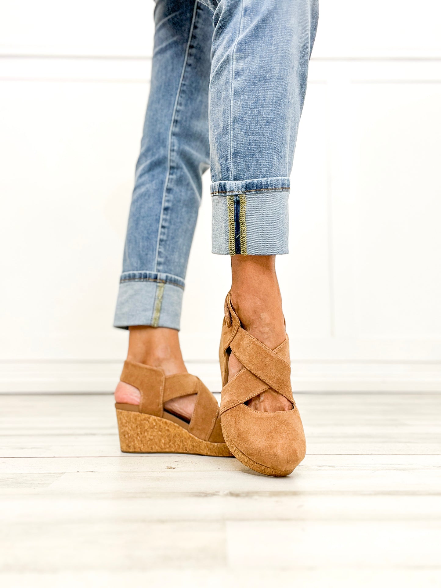 Corkys Case Closed Closed Toe Wedges in Camel Faux Suede