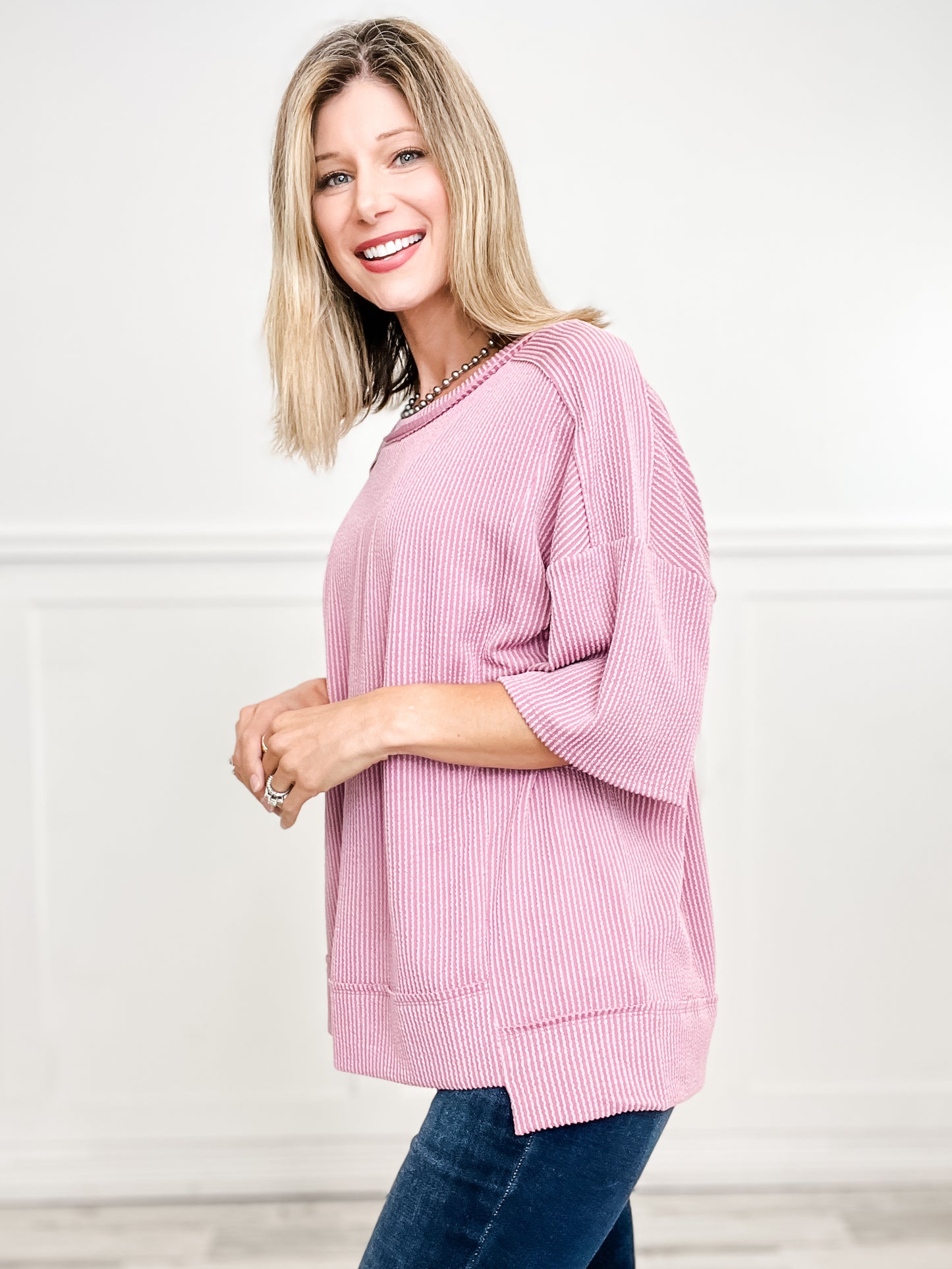 Half Sleeve Round Neck Knit Top with Curly Rib Fabric- Group B