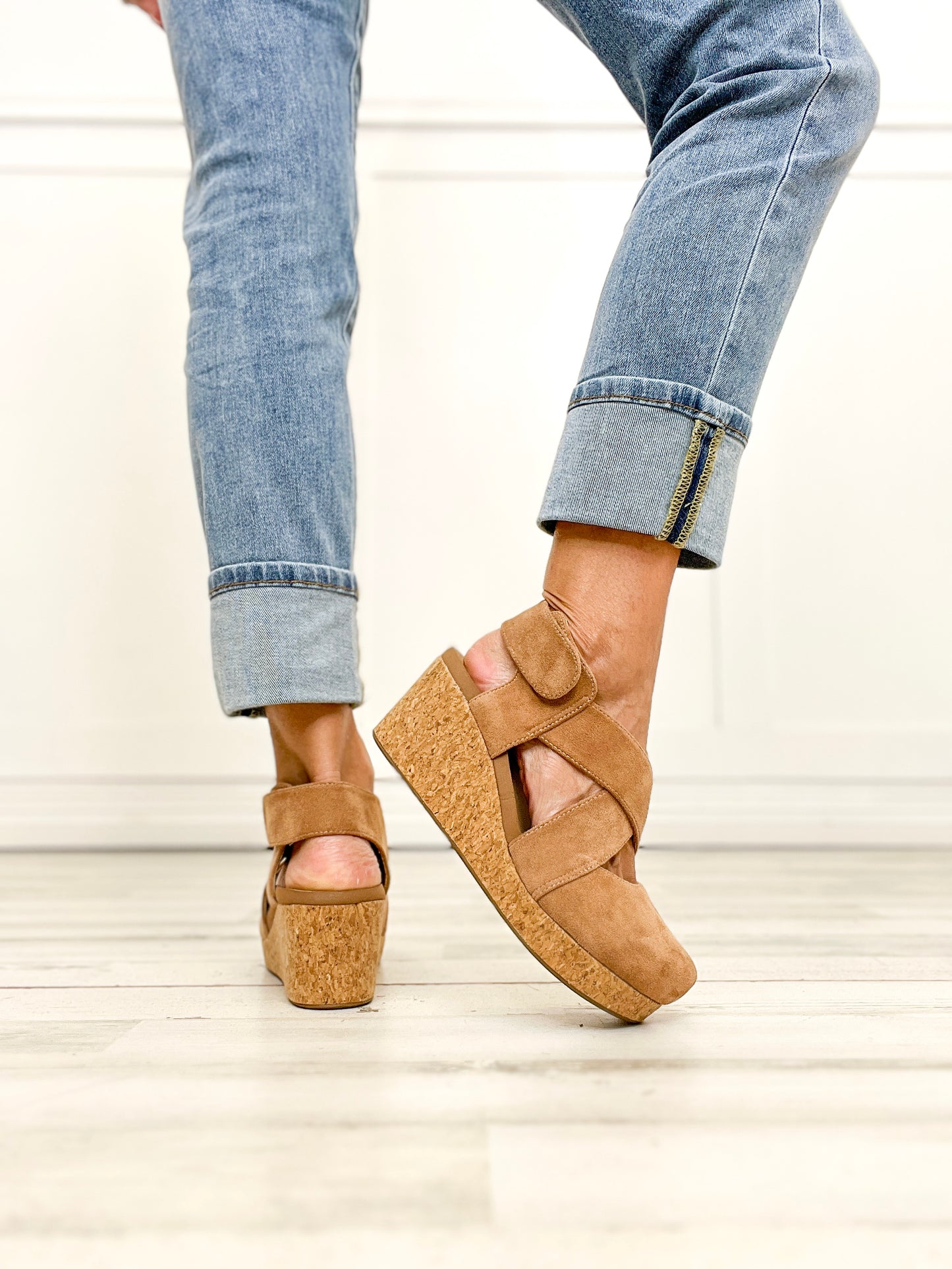 Corkys Case Closed Closed Toe Wedges in Camel Faux Suede