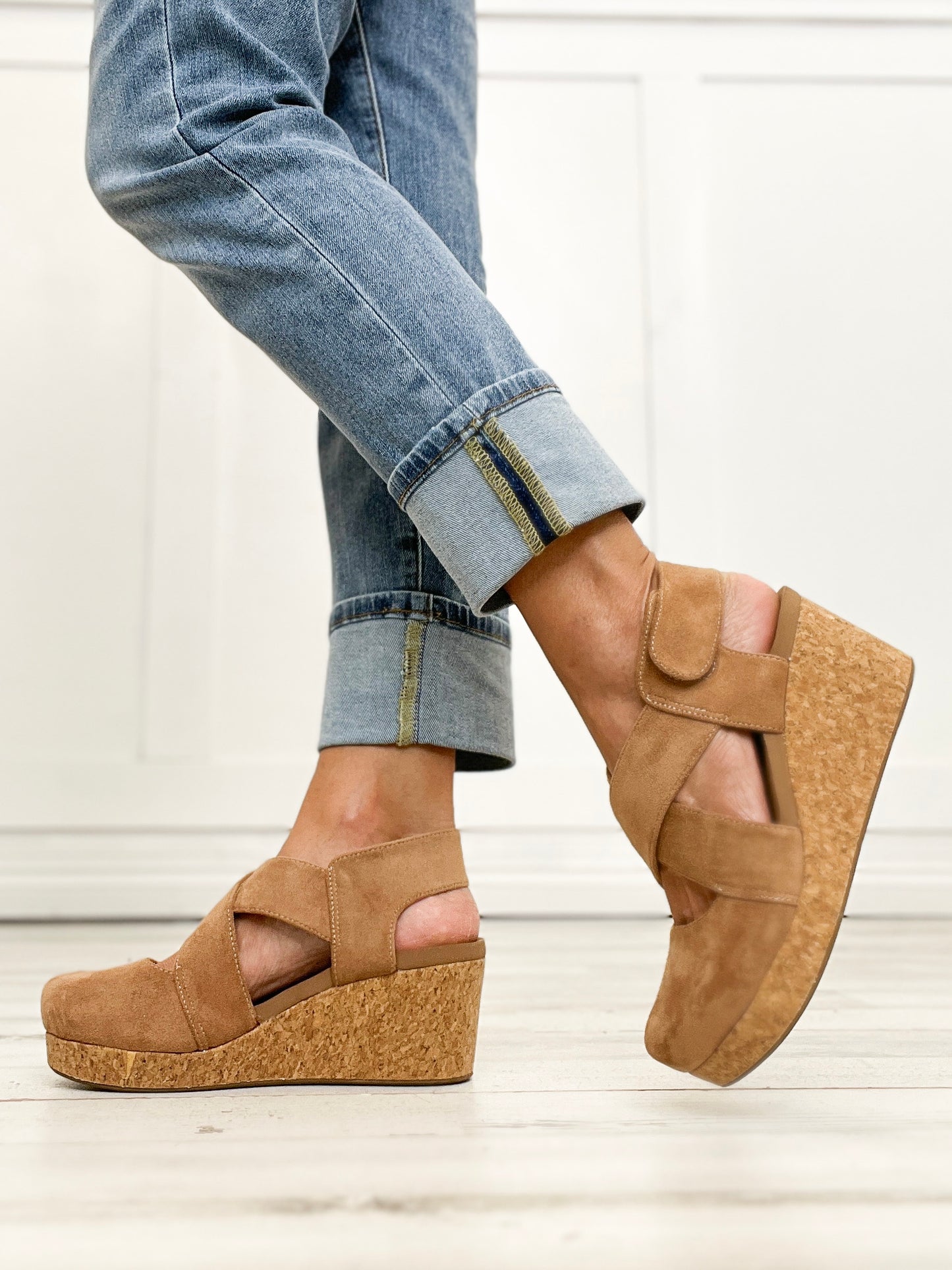 Corkys Case Closed Closed Toe Wedges in Camel Faux Suede