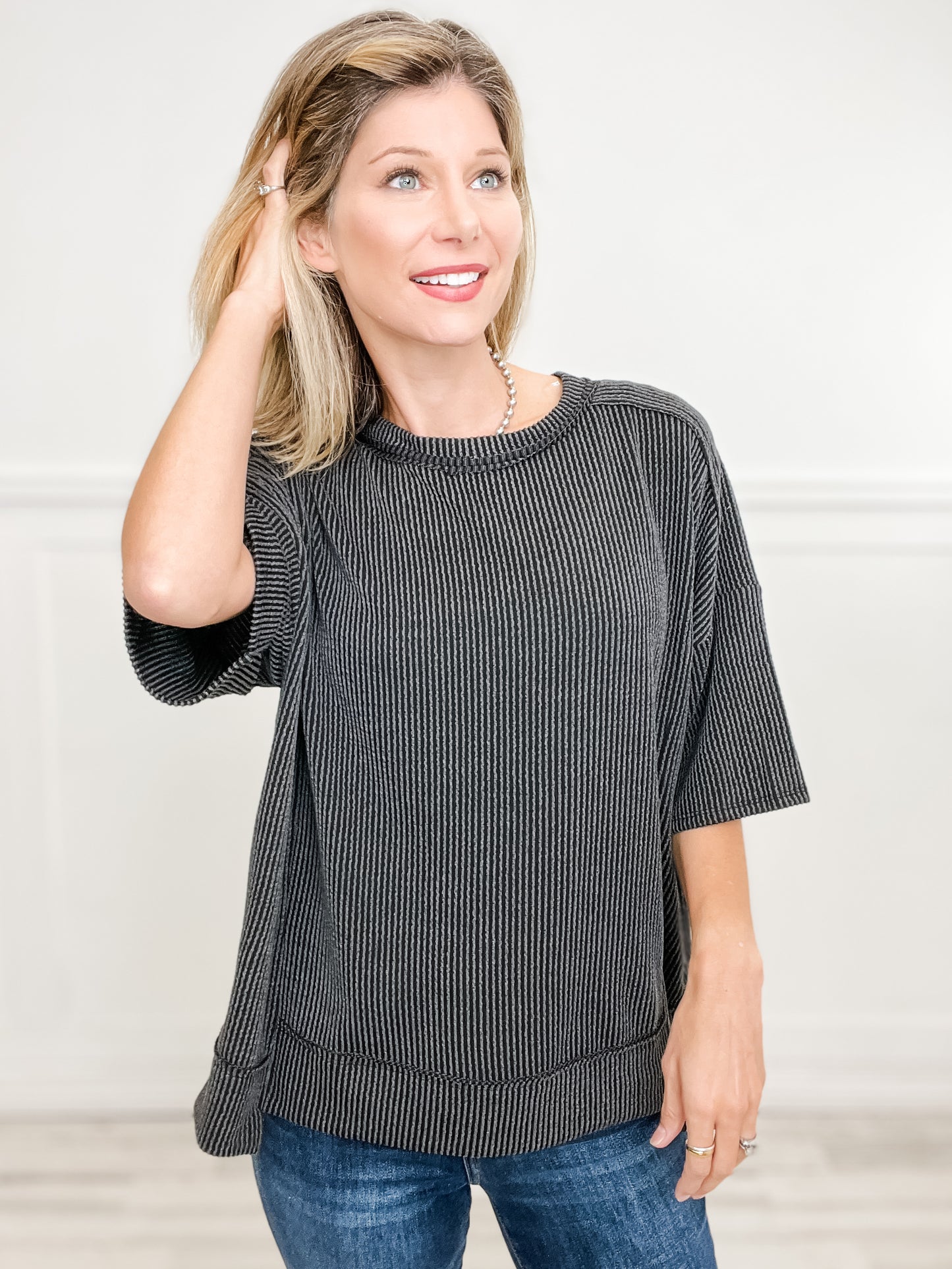 Half Sleeve Round Neck Knit Top with Curly Rib Fabric- Group B