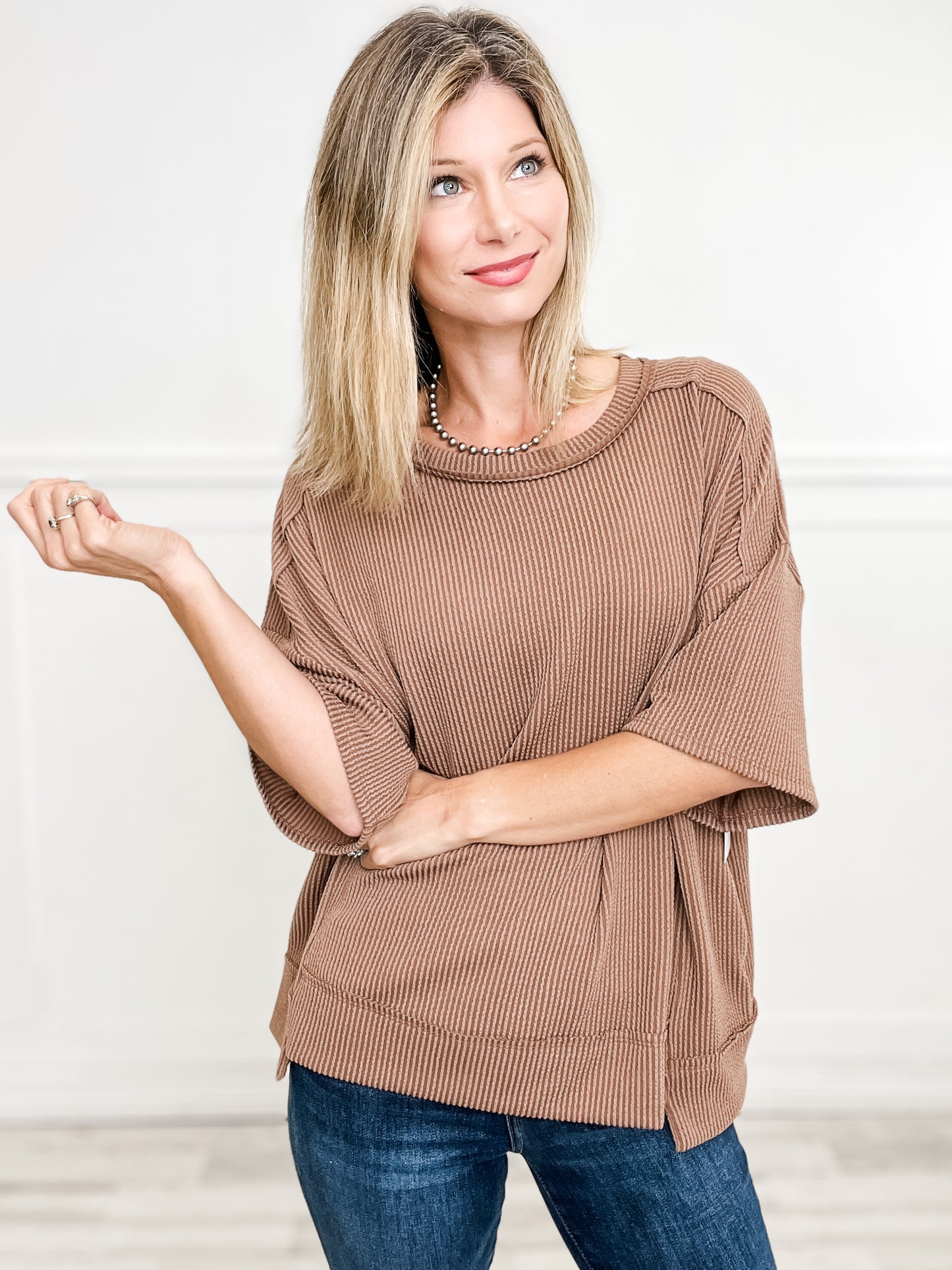 Half Sleeve Round Neck Knit Top with Curly Rib Fabric- Group B