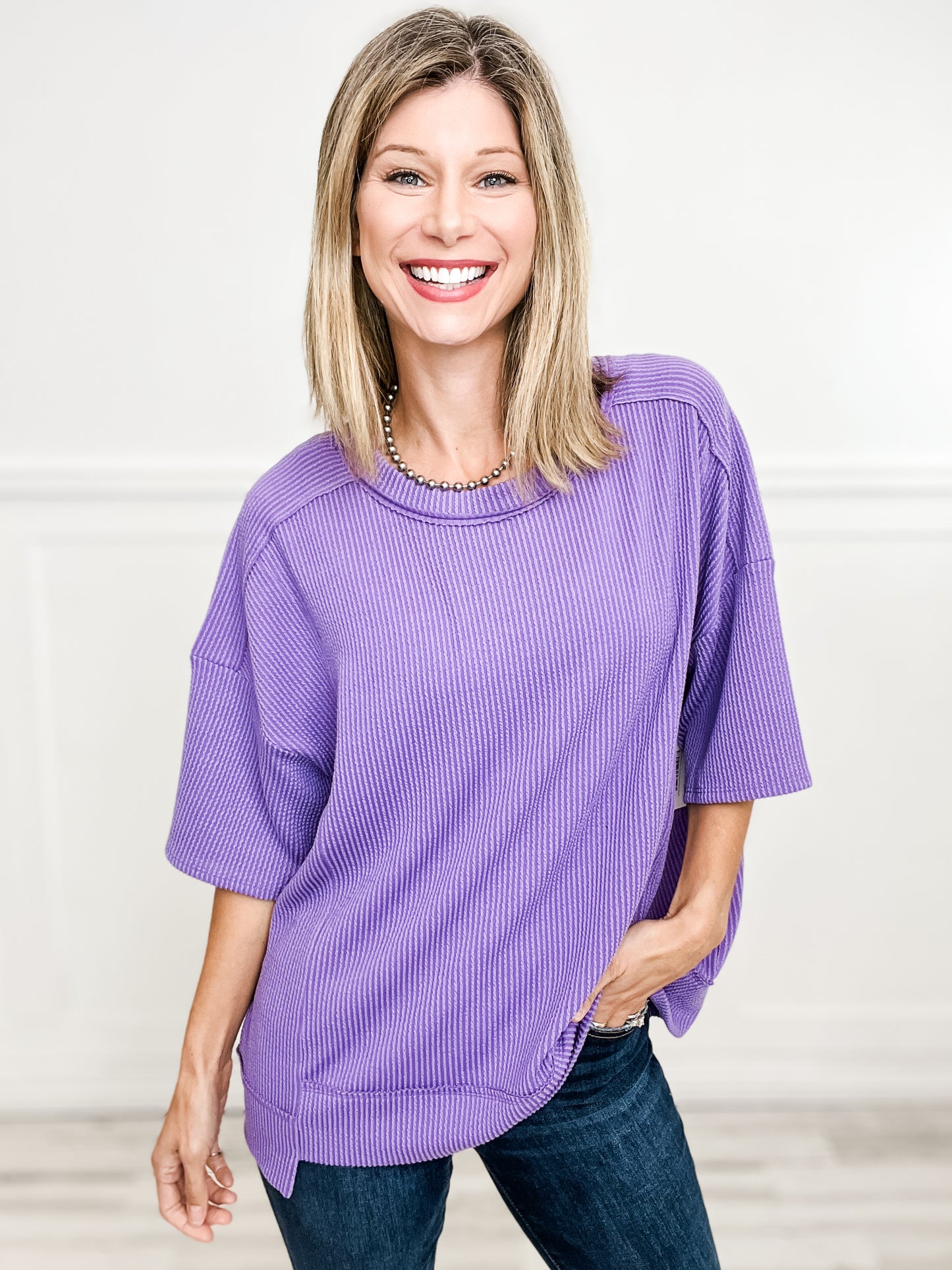 Half Sleeve Round Neck Knit Top with Curly Rib Fabric- Group B