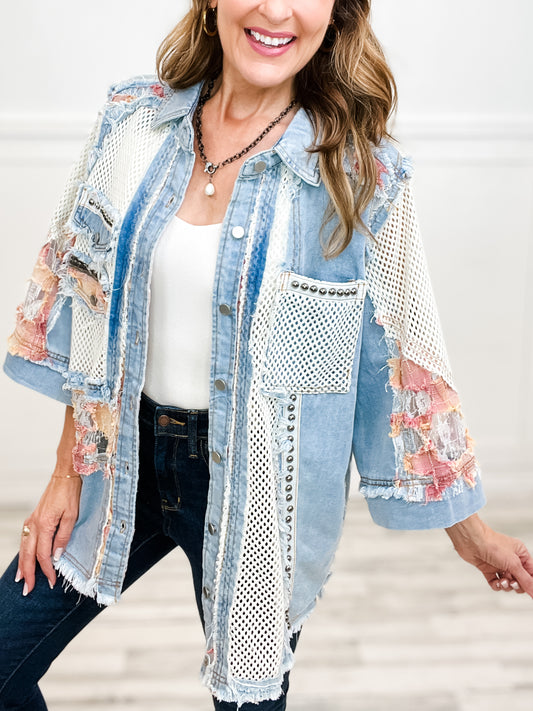 Talk To Me Short Sleeve Contrast Denim Jacket