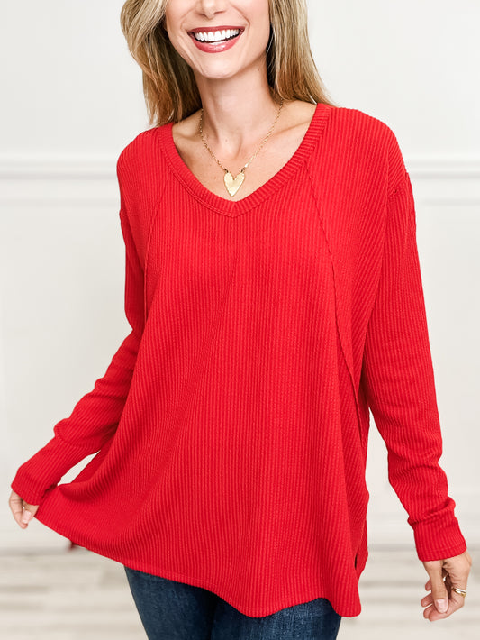 Long Sleeve Curly Rib Fabric V-Neck Top - Group A