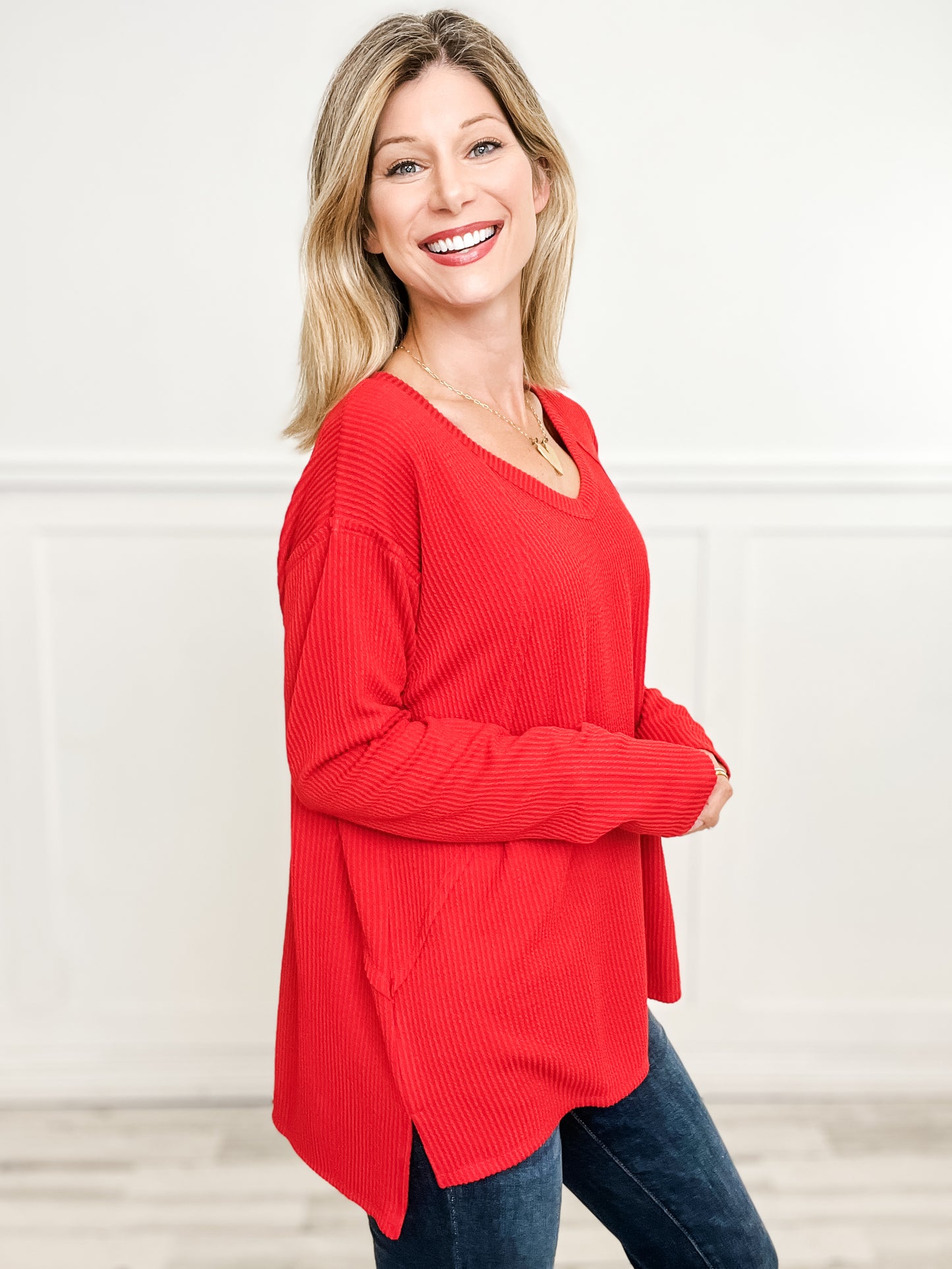 Long Sleeve Curly Rib Fabric V-Neck Top - Group A