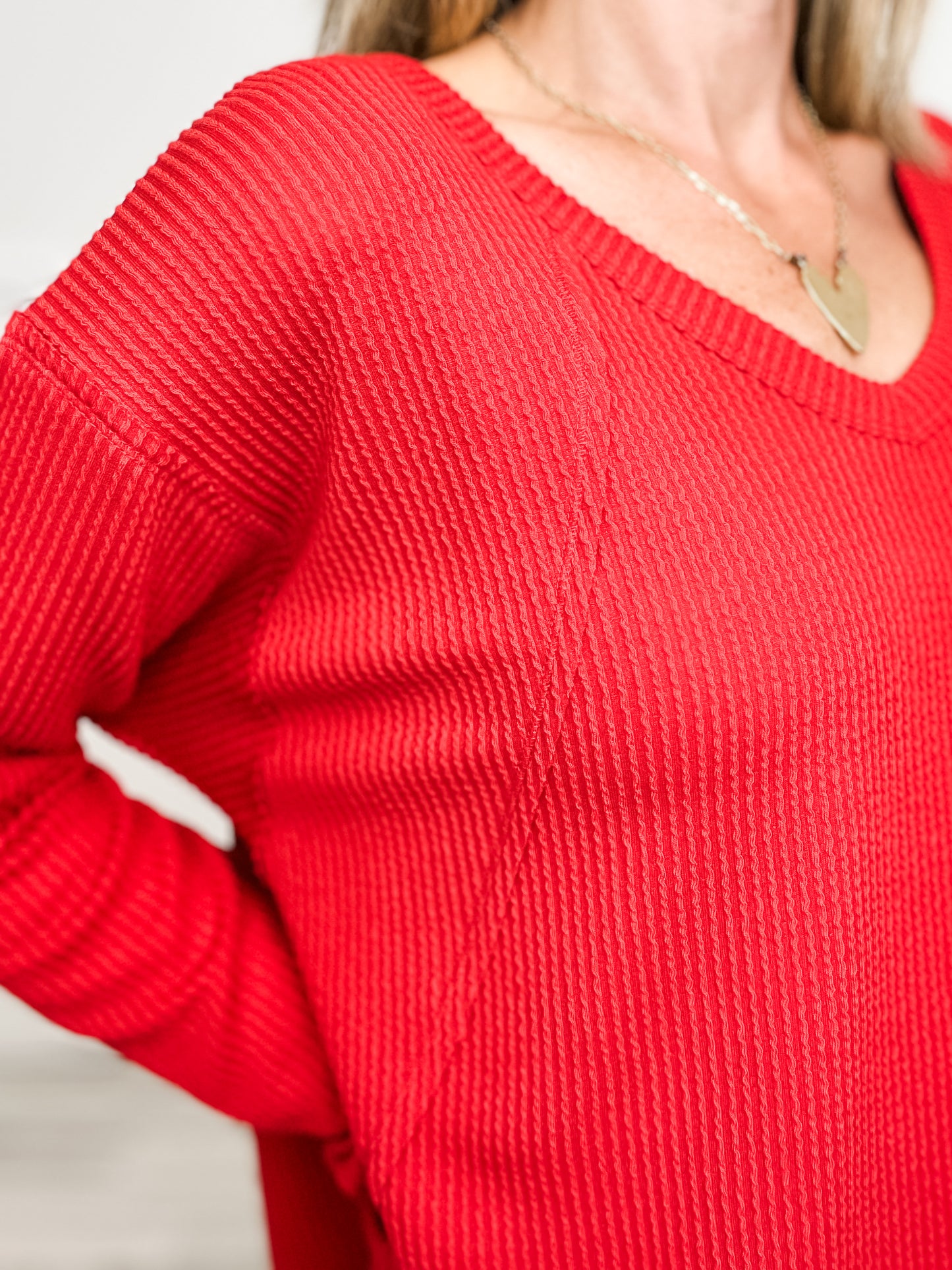 Long Sleeve Curly Rib Fabric V-Neck Top - Group A