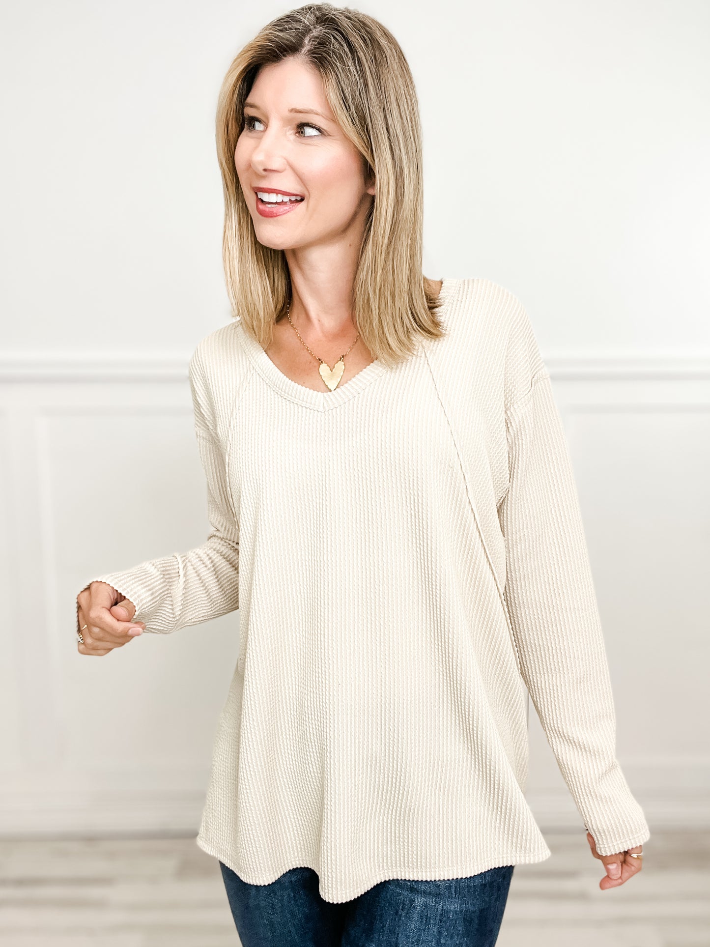 Long Sleeve Curly Rib Fabric V-Neck Top - Group A