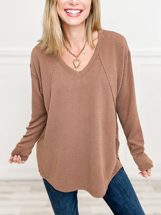 Long Sleeve Curly Rib Fabric V-Neck Top - Group B